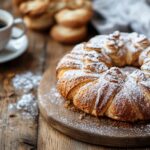 Freshly baked Nussgipfel with powdered sugar and a cup of coffee in a Swiss bakery