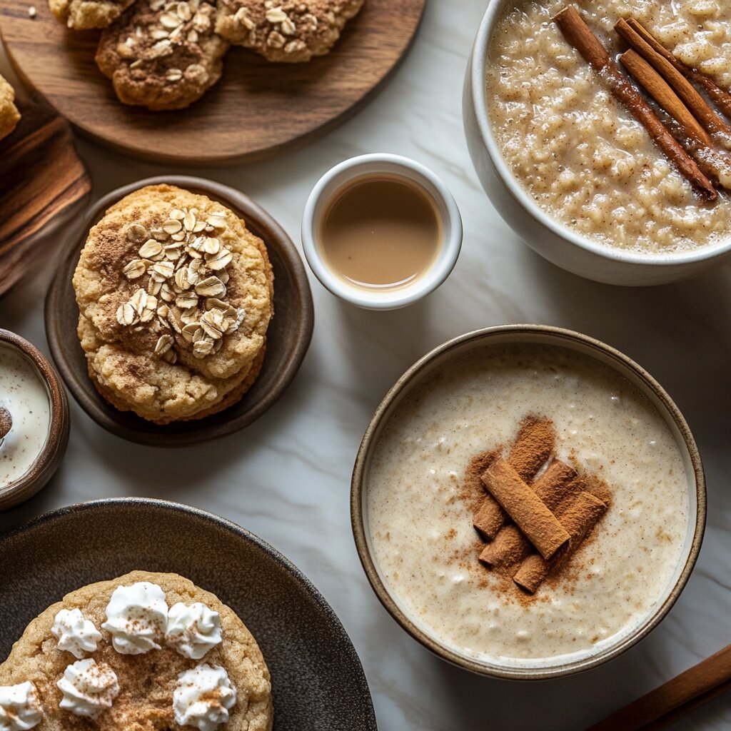 An assortment of dishes and beverages featuring cinnamon, including cinnamon rolls, chai tea, and spiced cookies