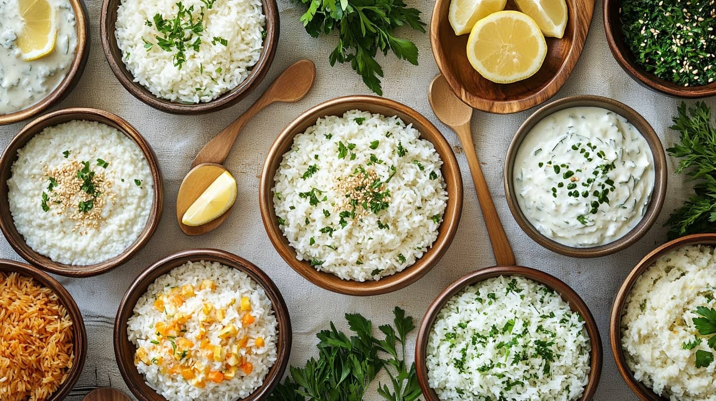 A variety of flavorful rice dishes displayed on a rustic kitchen table with garnishes and herbs