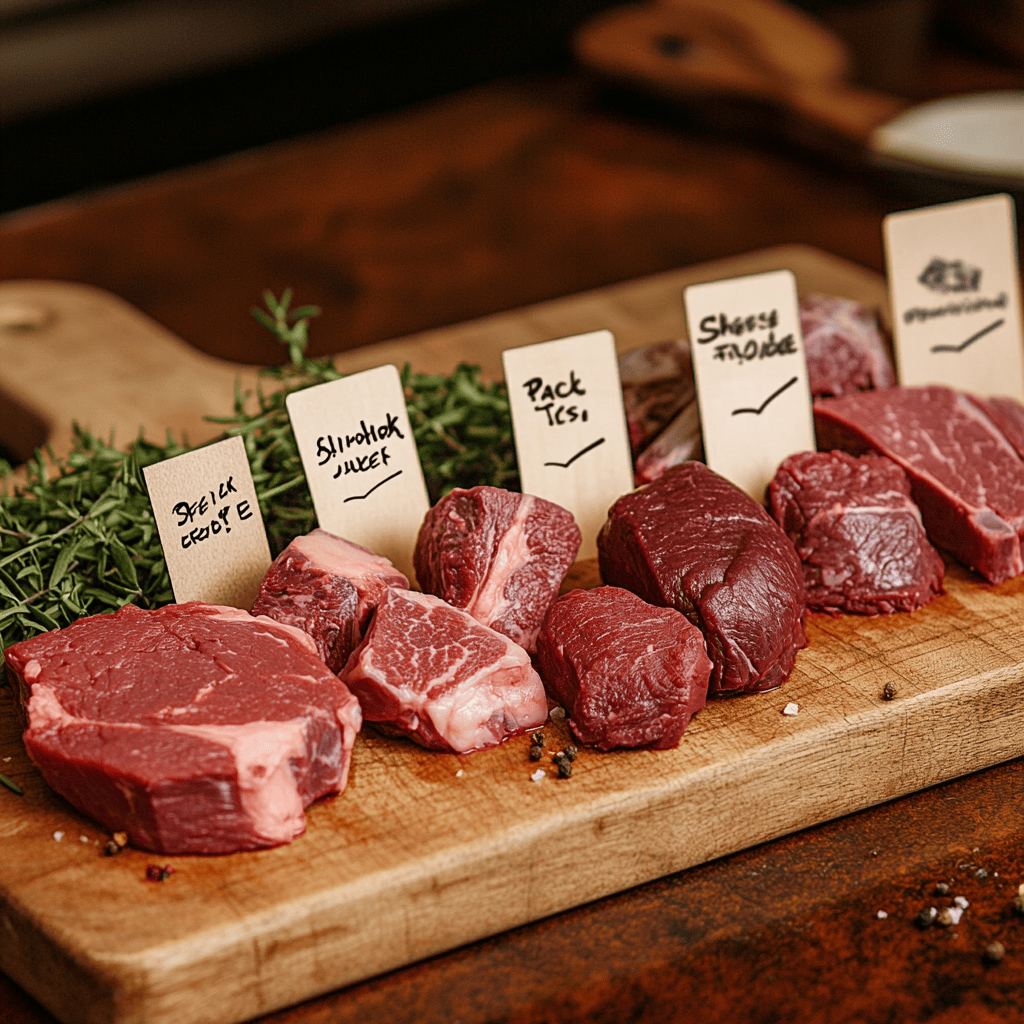 Different cuts of beef for beef tips, including sirloin, chuck, and tenderloin, labeled on a cutting board