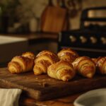 Freshly baked Swiss gipfeli on a wooden board