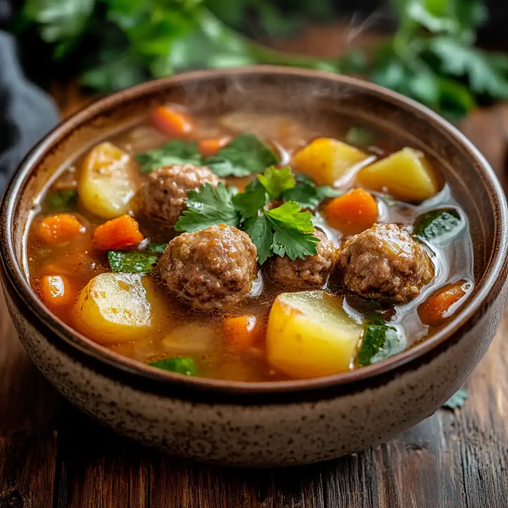 Freshly made albondigas soup with meatballs, vegetables, and broth, served in a traditional Mexican bowl
