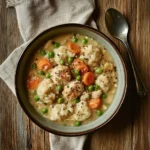 Homemade chicken and dumplings with chicken pieces, dumplings, and vegetables in a savory broth