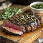 Sliced beef round steak on a wooden cutting board, garnished with fresh rosemary and a bowl of chimichurri sauce
