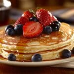 A Plate Of Pancakes With Fresh Fruit Toppings