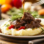 Braised beef cheek meat with mashed potatoes and gravy on a rustic dinner plate