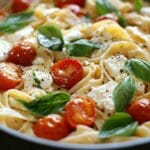 Creamy Baked Feta Pasta With Melted Feta, Cherry Tomatoes, And Fresh Basil In A Baking Dish