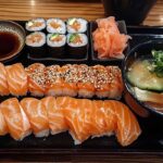 Fresh Sashimi Salmon Platter With Soy Sauce, Wasabi, And Pickled Ginger
