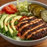 Healthy and colorful burger bowl recipe with fresh ingredients