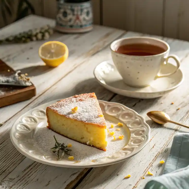 Serving slice of honey lemon cake