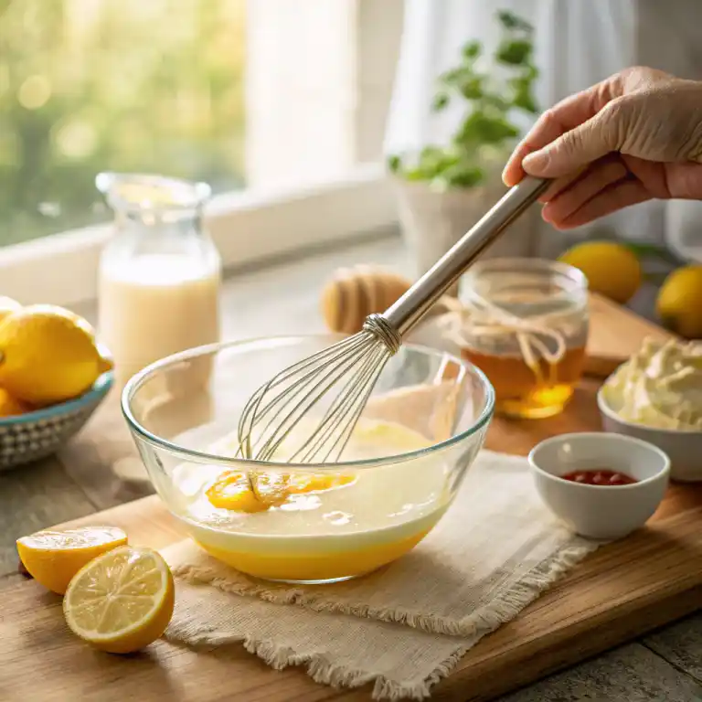 Whisking lemon juice and honey for cake
