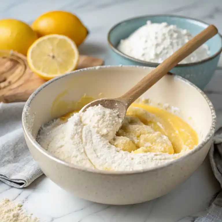 Mixing flour into wet cake batter