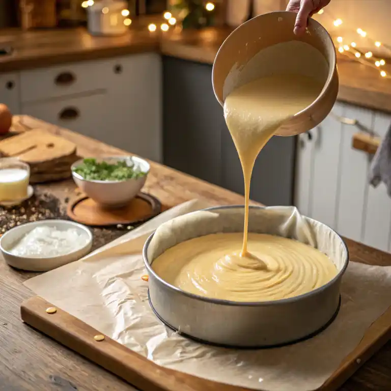 Pouring batter into baking pan for honey lemon cake