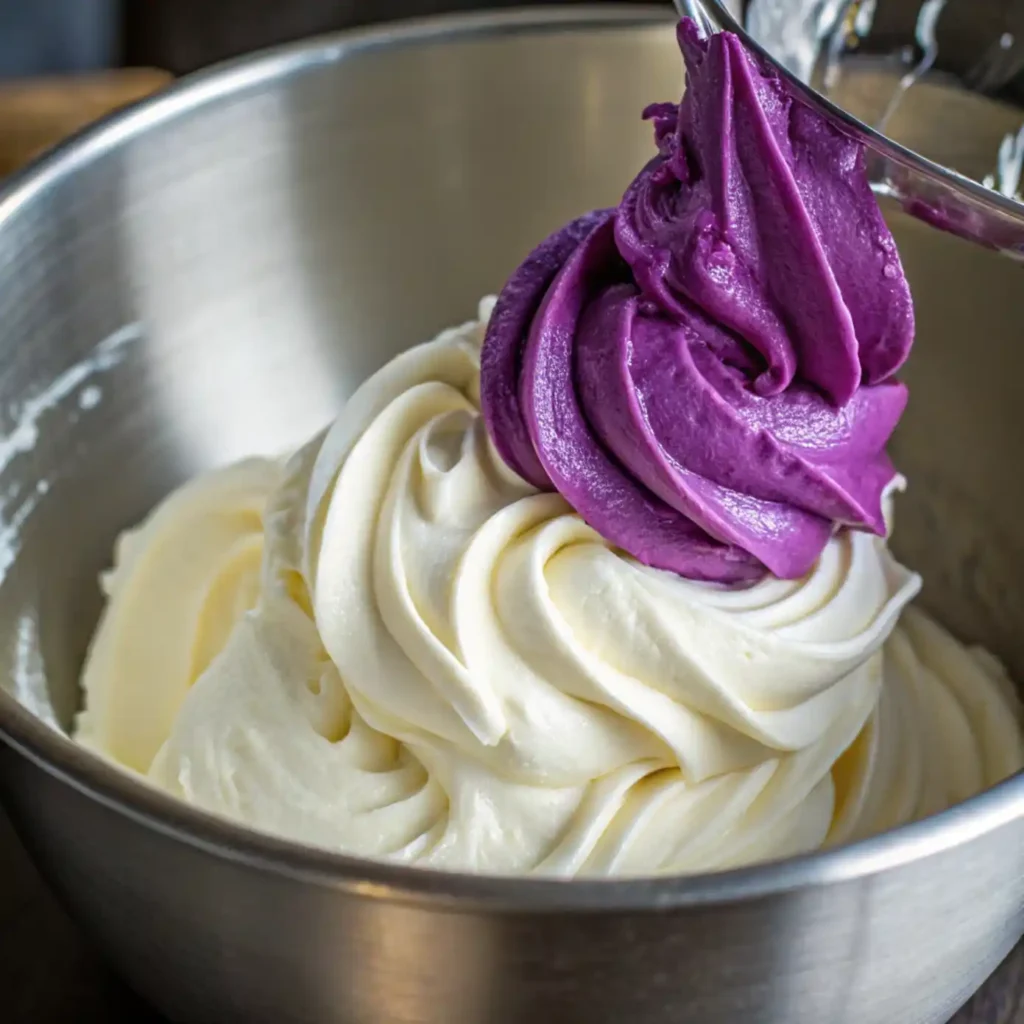 Mixing ube halaya into cream