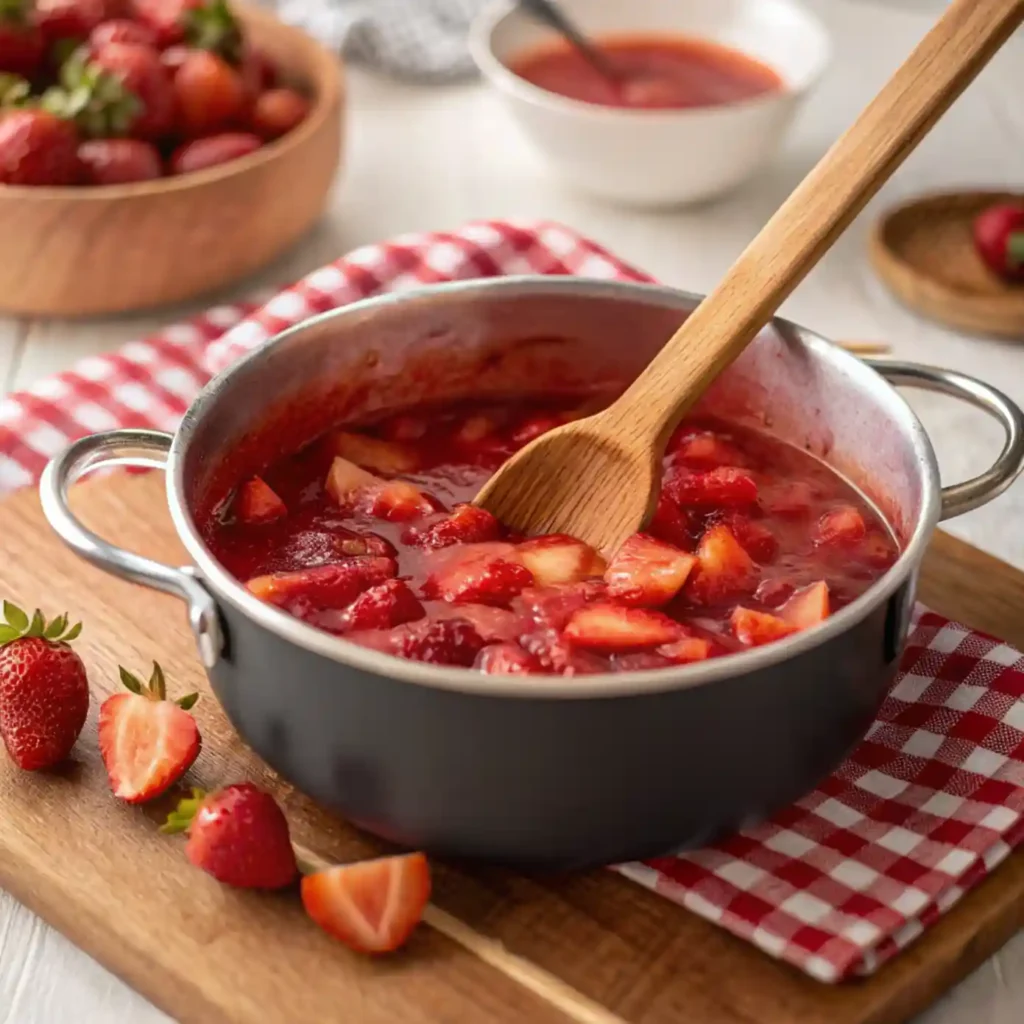 Homemade strawberry compote cooking