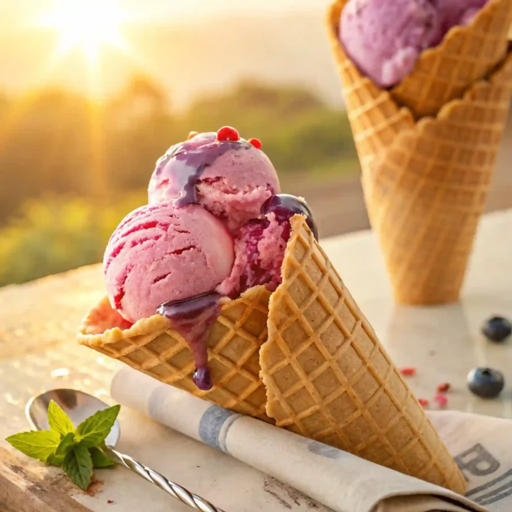 Ube strawberry ice cream in cone