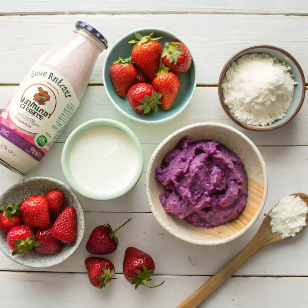 Ube strawberry dessert ingredients on table